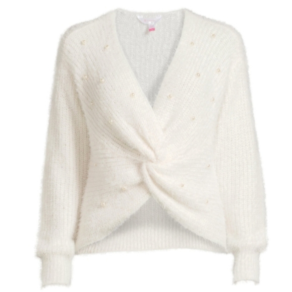 New Women's Ivory White Twist Front Sweater with Faux Pearl - Picture 4 of 7